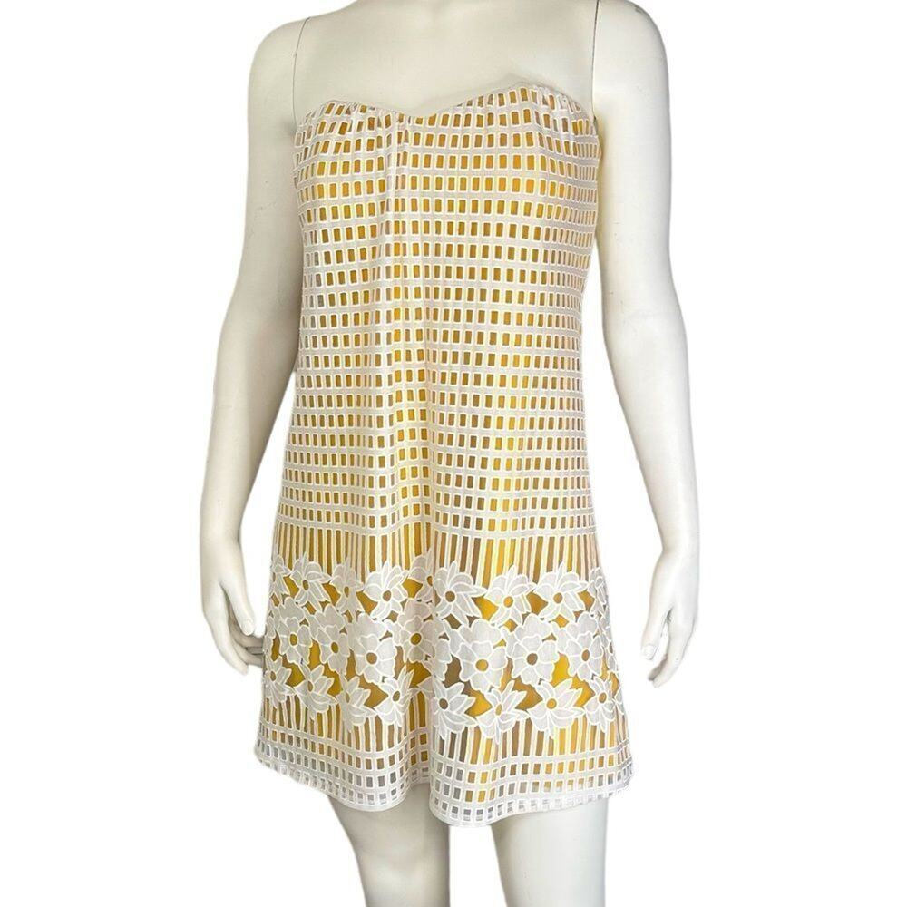 Lovers + Friends Dress Small Strapless Gold White Lace Overlay Boho Mini